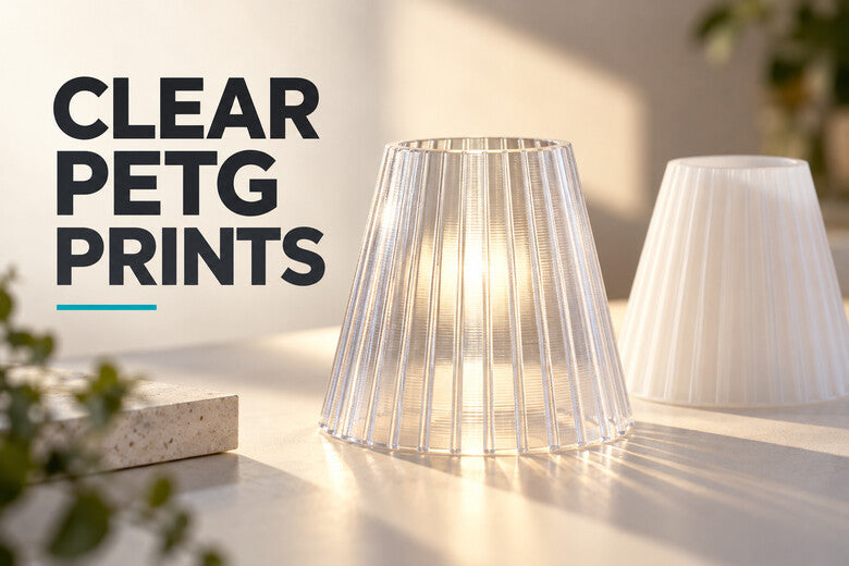 Clear PETG 3D printing cover with a translucent printed lampshade and a milky comparison sample