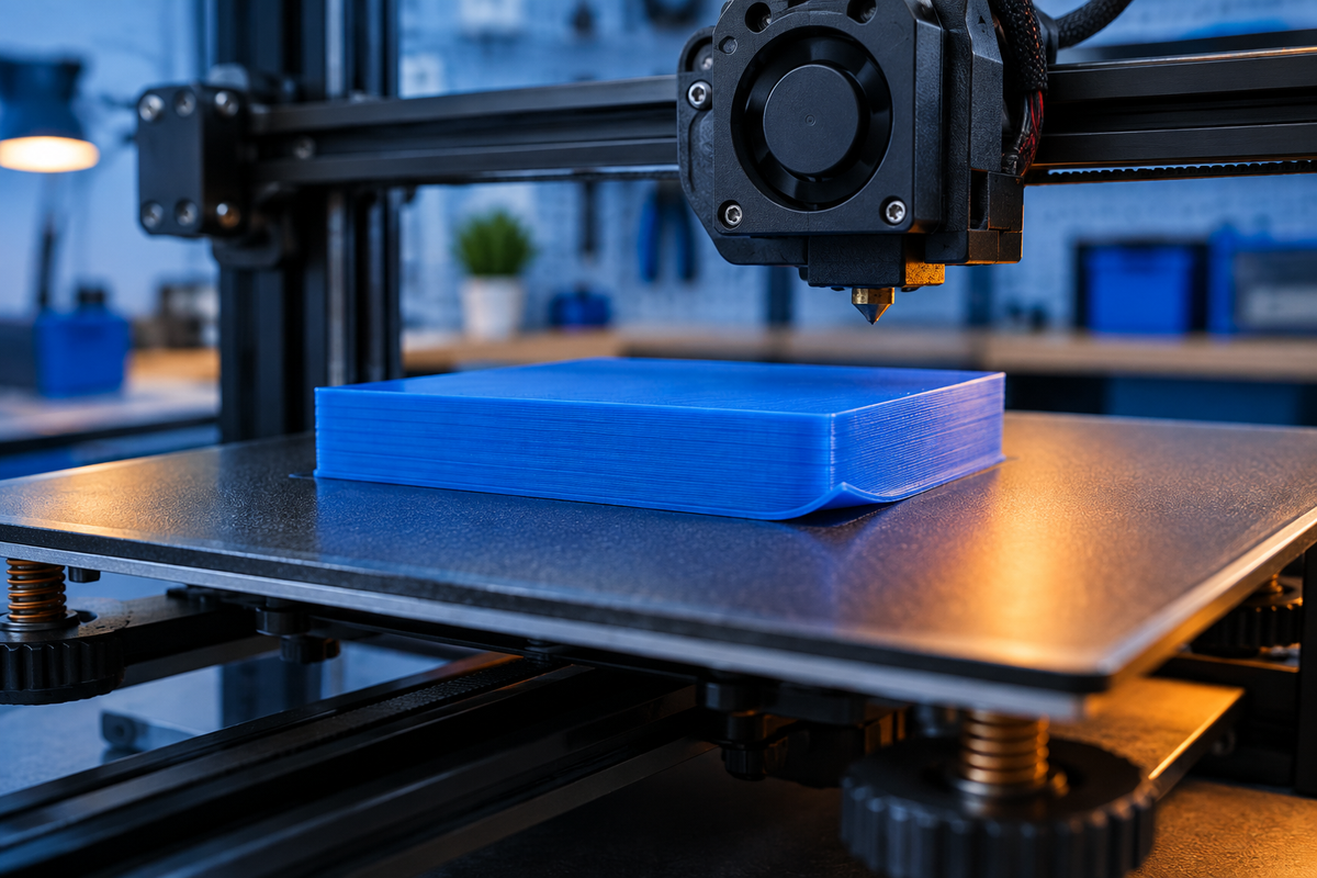 Illustration of a blue 3D printed part with a lifted corner on a printer bed in a cool workshop