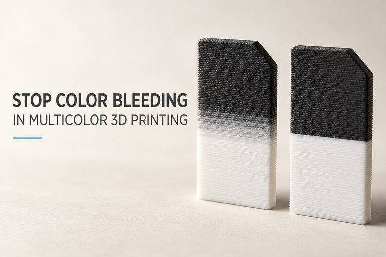 Two multicolor 3D-printed samples comparing a gray color bleed with a clean black-to-white transition