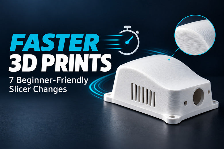 White 3D-printed housing with a stopwatch symbol representing faster printing