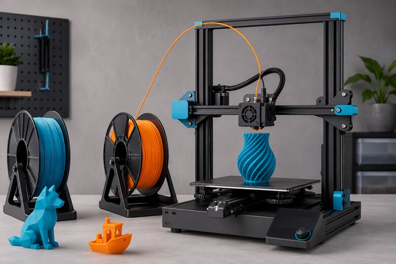 Filament beim 3D-Druck wechseln – von einer blauen zu einer orangefarbenen Rolle