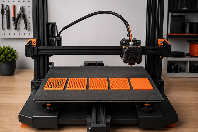 FDM-3D-Drucker mit mehreren orangefarbenen Testflächen zur Kalibrierung des Flow Ratio
