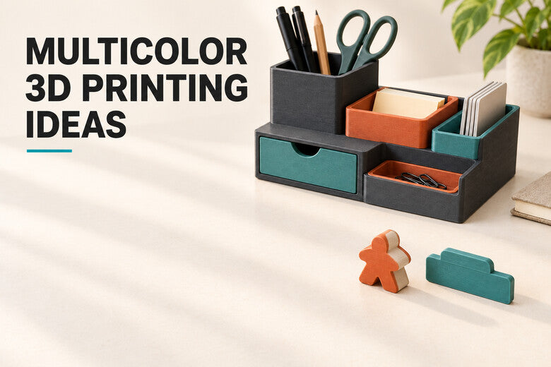 Multicolor 3D printing ideas: printed organizer, contrasting inserts, and clear cover title
