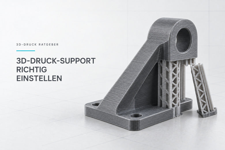 FDM-Bauteil mit teilweise entfernten Stützstrukturen und Titel zur Support-Einstellung