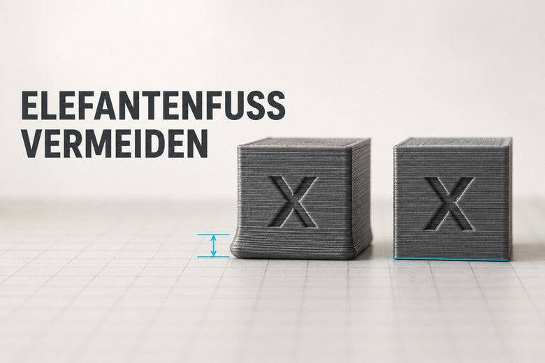Zwei FDM-Testwürfel mit und ohne Elefantenfuß und dem Titel Elefantenfuß vermeiden