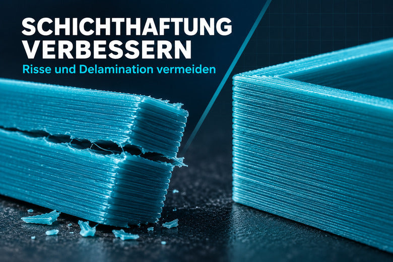 FDM-Bauteil mit Delamination und gut verbundenen Schichten