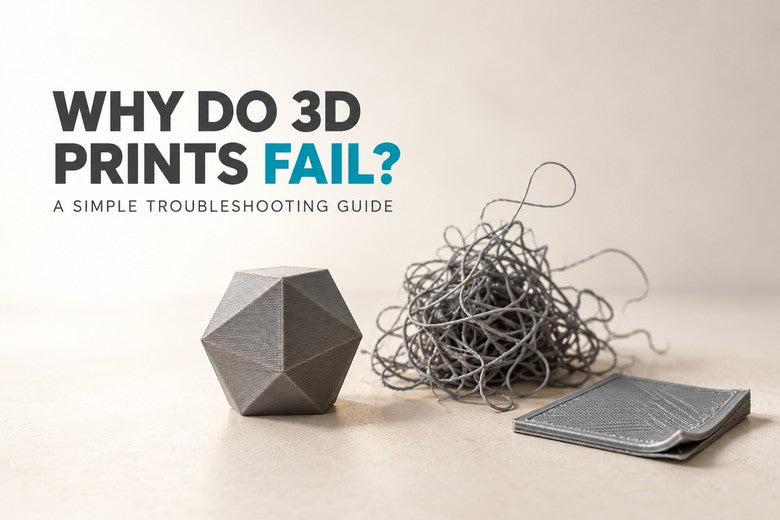 Why Do 3D Prints Fail? cover with a good print, spaghetti failure, and warped first-layer sample