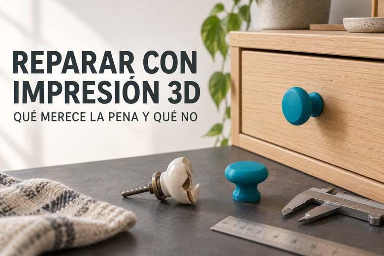 Tirador de cajón roto junto a un recambio impreso en 3D; portada Reparar con impresión 3D