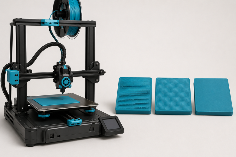 FDM-3D-Drucker und drei Testkörper mit lückenhafter, gewölbter und glatter Topfläche